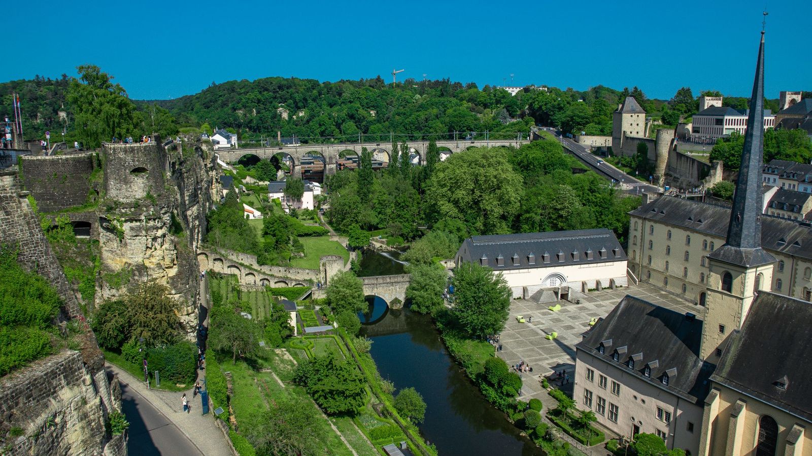 Grund district of Luxembourg City with the Alzette river, Neumünster Abbey and old fortifications